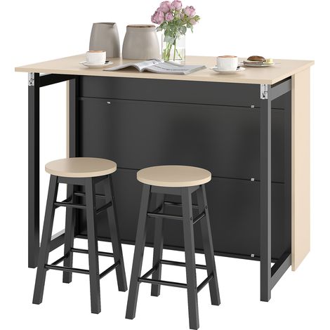 3-teiliges Barset, bestehend aus einem Bartisch mit Klappplatte, zwei Barhockern und sechs Ablagefächern, schwarz und eichefarben, 116 x 70 x 89,5 cm