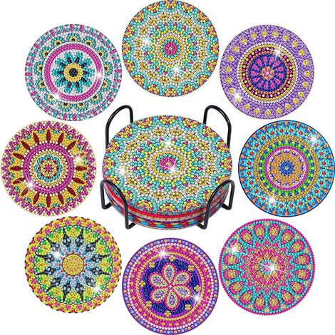 Dessous de Verre en Diamant Peinture avec Support, Lot de 8 Sous-tasses Décoratifs pour Boissons et Table (1/5)