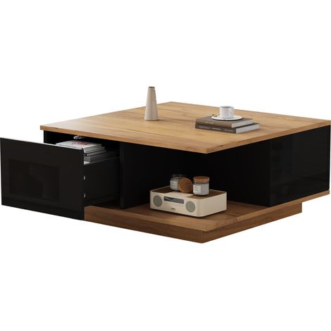 CHICFURN Mesa de centro cuadrada 70 x 70 x 31,5 cm con 3 cajones, acabado negro y madera oscura, ideal para salón pequeño, moderna, nórdica y japonesa (1/5)