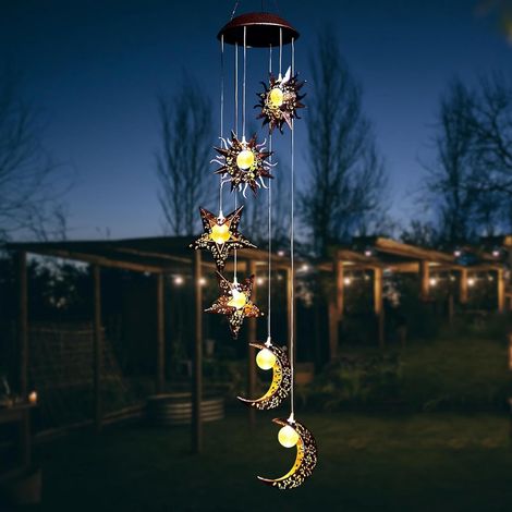 Windspiel für den Außenbereich, Solar-Windspiel, Solar-Gartenleuchte mit Sonne, Mond und Sternen, Hängende Solarleuchte zur Dekoration von Balkon und Terrasse