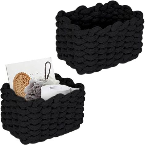 Juego de 2 cestas de almacenaje de algodón trenzado - 19 x 15 x 12 cm - Cesta de almacenaje trenzada - Fabricada en cuerda de algodón trenzado - Para dormitorio, salón - Negro