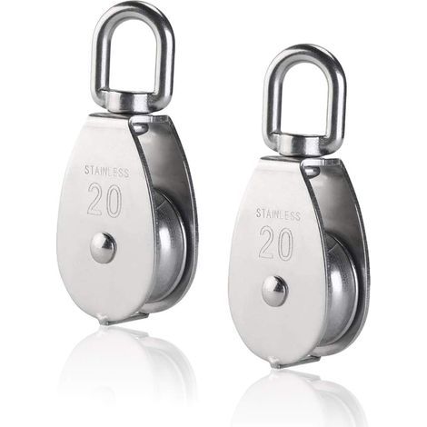 AIDUCHO 2 piezas M20 Polea simple en acero inoxidable 304, rodillo de bloque de polea simple de 20 mm, gancho giratorio para grúa, cable de acero liso, carga de 77 lbs/35 kg (1/5)