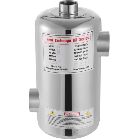 Echangeur de chaleur, échangeur de chaleur pour piscine en acier inoxydable, 292 x 134 mm (longueur x diamètre), 28 KW, chauffage pour piscine, sauna, etc. (1/5)