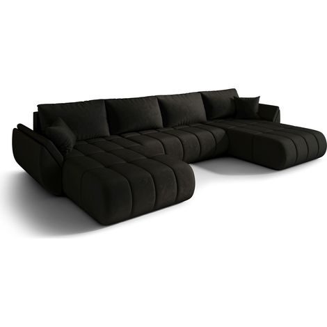 Canapé d’angle velours panoramique convertible avec coffre LUMEN-Noir (1/4)