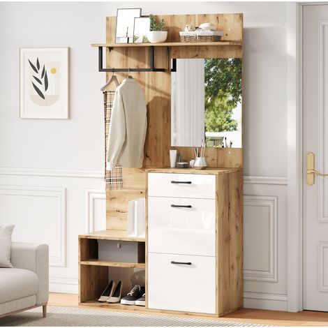 Meuble d'entrée 100 x 38,5 x 190 cm avec miroir, banc à chaussures DESVIAE (1/5)