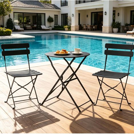 Ensemble bistrot de terrasse pliant diamètre58x70 cm en métal noir, gain de place pour balcon FLORAGRACE (1/5)