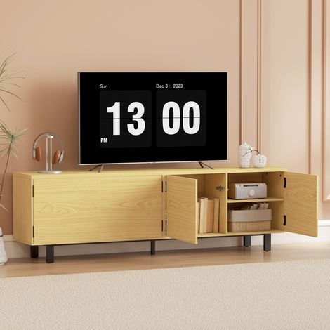 Meuble TV 180 cm 82 pouces 4 portes pression 180x35x55.5 cm bois naturel. Très grand meuble TV pour écran géant, spacieux et robuste. (1/5)