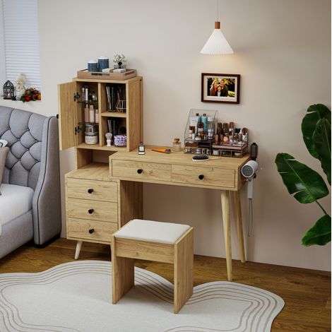 Tocador con espejo abatible, 5 cajones, mueble lateral y taburete acolchado beige HAVRYA (1/5)