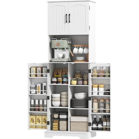 Buffet haut cuisine armoire de cuisine, 4 portes plan de travail 8 porte-épices étagères réglables 60x40x181,5cm blanc (1/5)