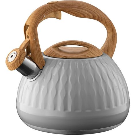 Bollitore tradizionale in acciaio inox con fischietto Yantar 3 l, grigio chiaro lucido, motivo a maglia in rilievo, imitazione legno, per piano cottura a gas e induzione. (1/5)