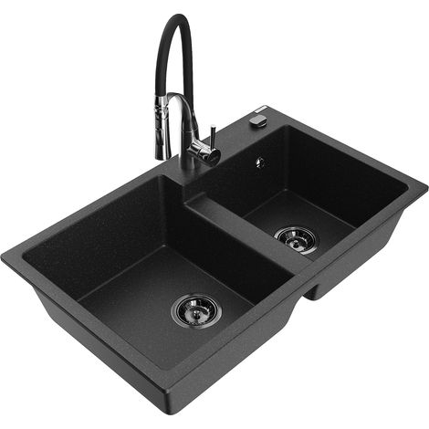 Mexen Tomas lavello da cucina in granito 2 vasche con miscelatore cucina Aster, nero/argento metallico - 6516-73-73450-07-B (1/5)
