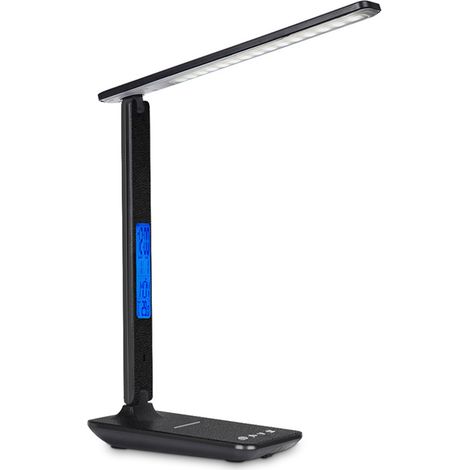 Lampe de bureau LED, lampe de table tactile, 3 couleurs, 5 niveaux de luminosité, rechargeable par smartphone, port USB, écran LCD, calendrier, température, alarme, veilleuse, lampe de lecture, bureau