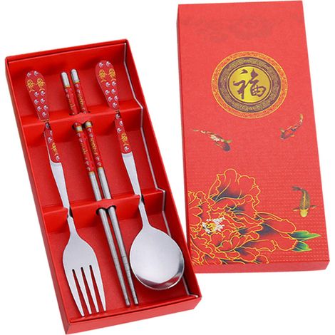 3 pièces Vaisselle de voyage, fourchette cuillère baguettes en acier inoxydable, rouge, 20x9x1,5 cm (1/5)