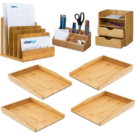 7-piece XL bamboo desk set, 4 A4 letter trays, organiser pen pot, document holder, filing system, natural (1/5)