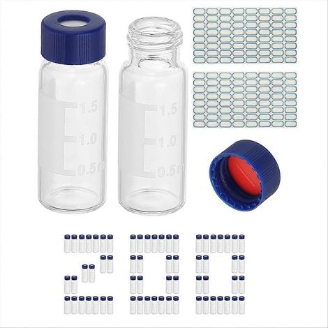Flacons pour échantillonneur automatique de 2 ml, 200 flacons HPLC pré-fendus à septa pré-fendus (réf. 9-425), flacons transparents pour laboratoire, bouchon à vis. (1/5)