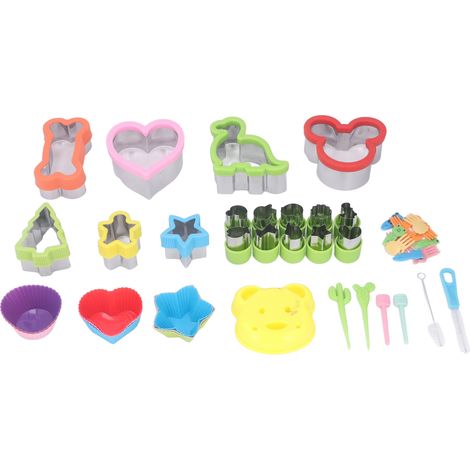 43 pièces d'accessoires de pâtisserie : moules, emporte-pièces, fourchettes, pinceaux, silicone, acier inoxydable et polypropylène.