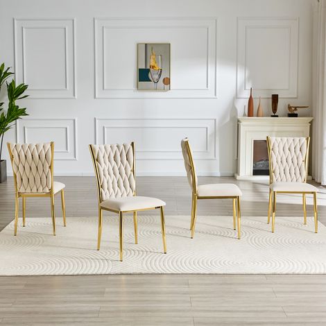 Chaise de salle à manger luxueuse et capitonnée, en velours beige à motif tissé à la main, pieds en métal doré, chaise d'appoint moderne pour la cuisine et la salle à manger. (1/5)