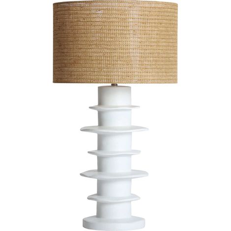 Lampe à poser en céramique blanche finition mate et raphia naturel - Blanc mat et raphia naturel (1/4)