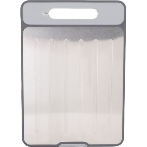 Vassoio per scongelare carne surgelata, tagliere a doppia faccia, affilacoltelli integrato, grattugia per aglio, antiscivolo, multifunzionale, verticale, grigio argento (1/5)