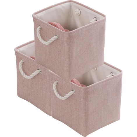 Lot de 3 boîtes pliables en tissu rose, cubes de rangement avec poignées, panier en lin lavable 28x28x28 cm, idéal pour organiser jouets et vêtements, coffre de rangement pratique et gain de place. (1/4)