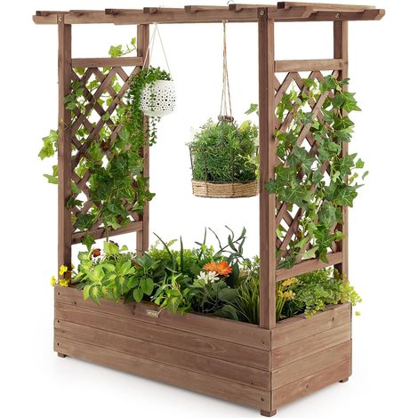 GOPLUS Jardinière avec Treillis en Bois, avec Trou de Drainage pour Plantes Grimpantes, Fleurs, Jardinière pour Cour, Jardin, Balcon, 110 x 44 x 113,5CM (Marron) (1/5)