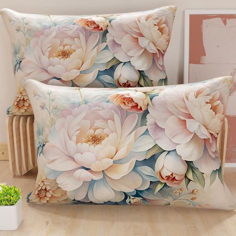 Lot de 2 Taies d'Oreillers 50x70 cm 100% Microfibre Hypoallergénique, Housse Oreiller Rectangulaire Motif Floral Rose Bleu, Paquet de 2