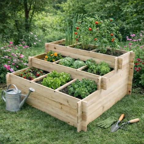 Carré potager en bois de sapin 3 niveaux - 120x100x54 cm avec géotextile