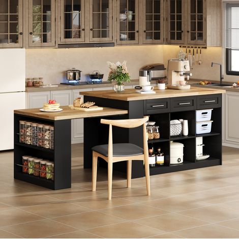 Isola da cucina 150x90x90 cm con tavolo estraibile, cassetti e vani contenitori, MDF, naturale e nero (1/5)
