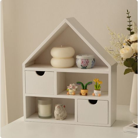 Présentoir/boîte de rangement mural en bois en forme de maison, idéal pour exposer des figurines, des poupées et des petites horloges. (1/5)