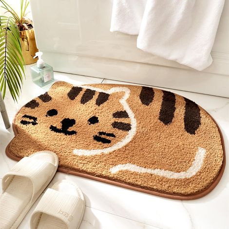 Tapis de Douche, Baignoire, Tapis de Salle de Bain, antidérapant, Absorbant, Doux pour Salle de Bain, Design Adorable Tapis de Bain à Motif Image de Chat, Tapis de Porte Sec, 40 x 60 cm, Kaki
