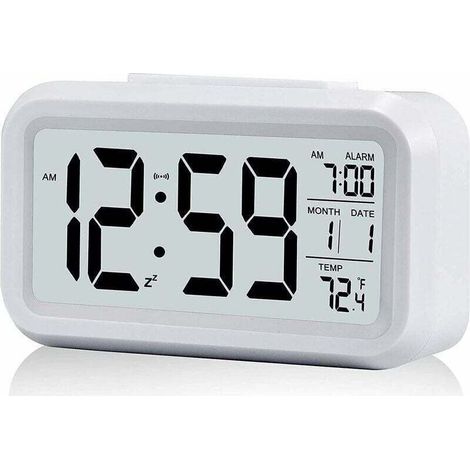 Reloj despertador digital silencioso a pilas para niños y adultos, pantalla LED grande, indicador de temperatura, calendario (blanco) (1/5)