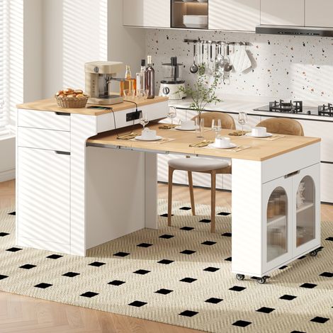 Isola cucina con ruote, tavolo estensibile e prese integrate, 55-153 x 80 x 93 cm, bianco (1/5)