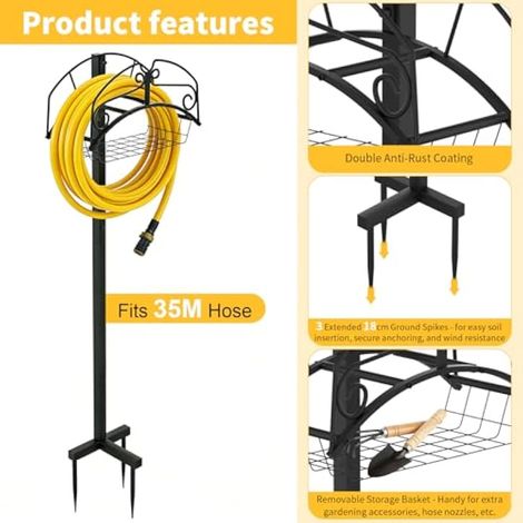 Support de tuyau d'arrosage en métal de 116 cm avec 3 piquets, noir (1/3)