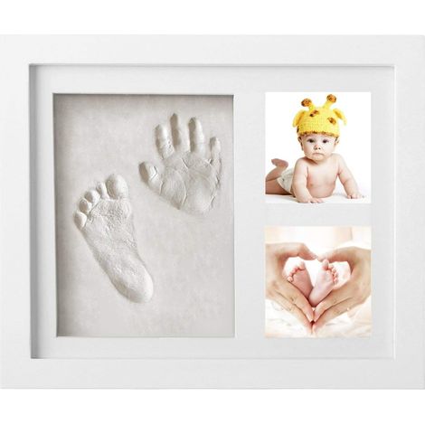 Cadre Empreinte Bébé - Kit Empreinte Mains et Pieds - Bois Naturel avec Argile Plâtre SGS - Pour Nouveau-Né - 3 Grilles - Blanc (1/5)
