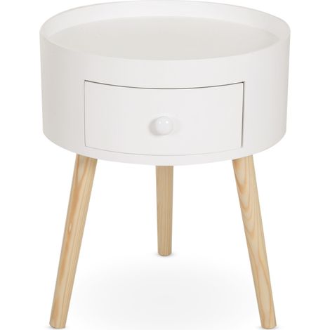 Homcom – Table de chevet ronde scandinave – Bois massif MDF et chêne blanc – Tiroir de rangement – Pieds effilés – Dimensions 38x38x45 cm