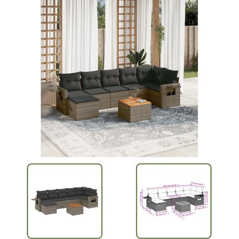 The Living Store Salon de jardin 8 pcs avec coussins gris résine tressée - Ensemble Salon De Jardin - Meubles De Jardin - Salon Extérieur - Set De Jardin - Chaise Lounge