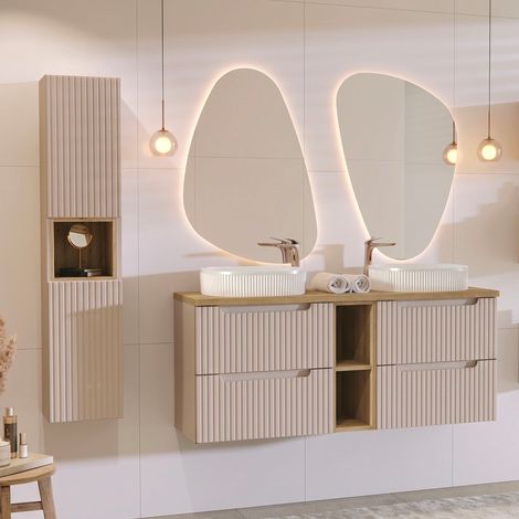 Conjunto mueble lavabo doble 140cm 4 cajones 2 compartimientos y columna Riva Cachemira y Madera (1/4)
