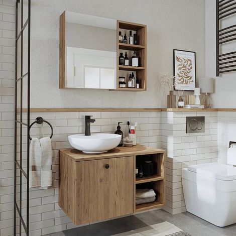 Lotus Bathroom Set of 2, Vanity Unit with Over Counter Wash Basin / Bowl and Mirror Cabinet, 75 cm, Oak Effect (1/5)