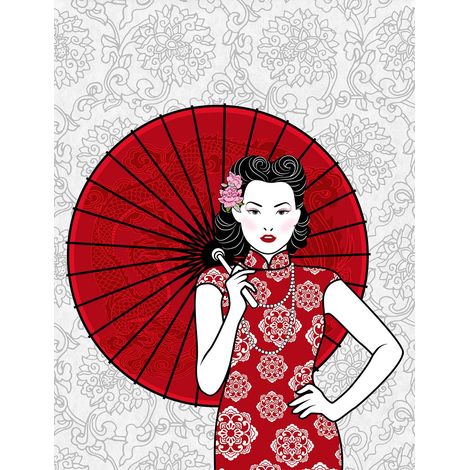 Papier peint panoramique à motifs asiatiques Tapisserie panoramique rouge orientale Papiers peints panoramiques illustration femme (1/2)