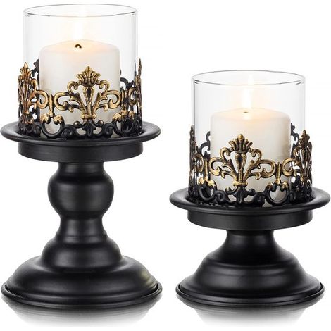 Bougeoir vintage pour bougies piliers. Bougeoir en métal noir mat au style rustique, idéal pour les décorations de Noël, Pâques, l'Avent et Halloween. (1/5)