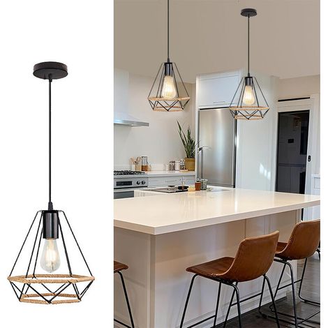 Lustre avec abat-jour en métal noir en forme de losange, adapté aux îlots de cuisine, aux coins repas au-dessus des tables, aux coins et aux intérieurs rustiques (douille E27, ampoule non incluse) (1/5)