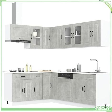 Ensemble d'armoires de cuisine 11 pièces - Kalmar - Gris béton - Bois d'ingénierie - Pieds réglables (1/5)