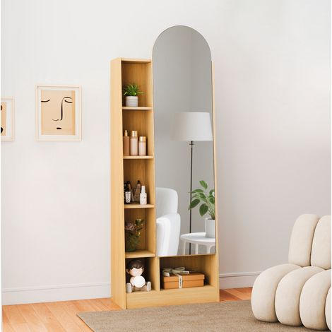 Armoire vestiaire avec miroir en MDF naturel, 60 x 28 x 165 cm, etageres reglables et niches ouvertes (1/5)