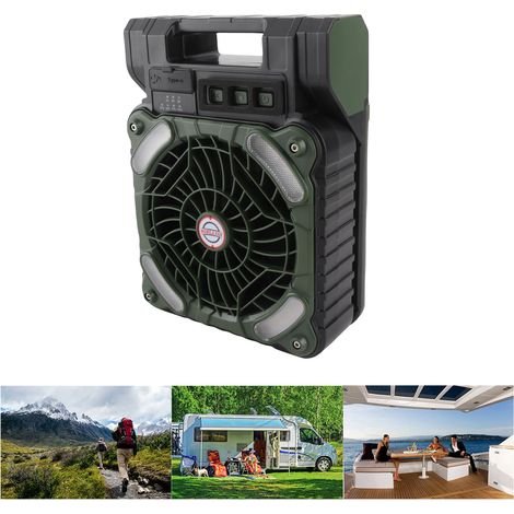 Ventilador de camping solar en color verde oliva con luz LED, puerto de carga USB-C, batería de 5200 mAh, 4 velocidades y temporizador, motor sin escobillas, dimensiones 17,5 x 7,5 x 23 cm. (1/5)