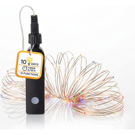 Draht Lichterkette bunt mit Powerbank 8 Funktionen und Timer - 100 LED - Akku Weihnachtslichterkette 9,9 m multicolor per USB-C wiederaufladbar