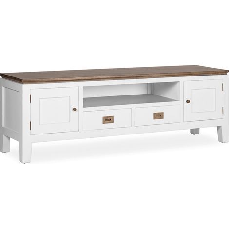 Meuble TV provençal bois massif de mindi blanc et marron Kirest 150cm (1/5)