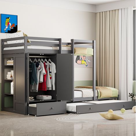 CHICFURN Letto a castello per bambini 90x200 cm grigio con letto estraibile, armadio e contenitori (1/5)