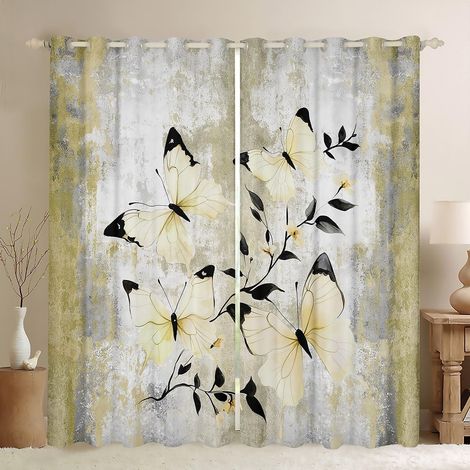 Rideau Occultant 117x137 cm Papillon Jaune, Rideau Peinture À l'huile Abstraite, Rideaux Voilage Ferme Rustique d'animaux Sauvages, Voilage Fenetre Ombre Jaune Gris Blanc pour Chambre Salon - 117L X 1 (1/5)