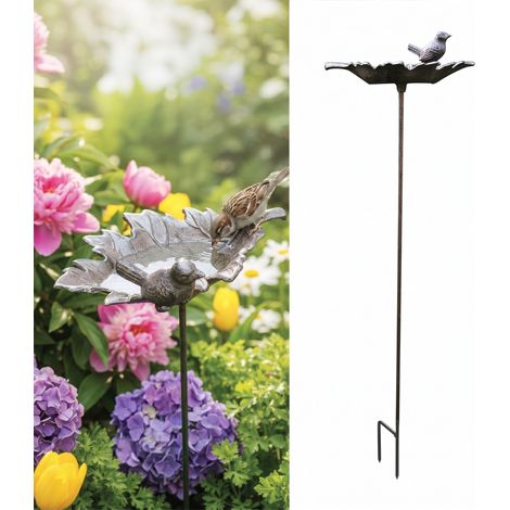 Relaxdays bird bath, HxWxD: 93 x 22.5 x 14 cm, cast iron, free-standing, water & feed bowl for birds, leaf design, brown