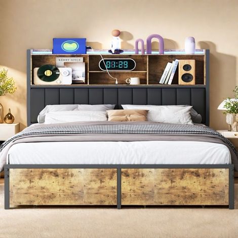 Doppelbett 140x200 cm - TANANT - Schwarz Metall - 2 Schubladen - Integriertes LED - Praktischer Stauraum